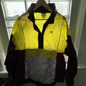 Champion Neon Yellow Pullover Windbreaker with Dark Plum Hood